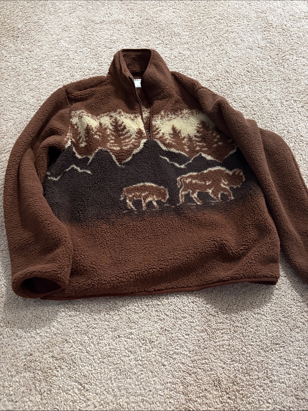 Old Navy Brown Sherpa Zip-Up Sweater with Mountain & Bison Motif